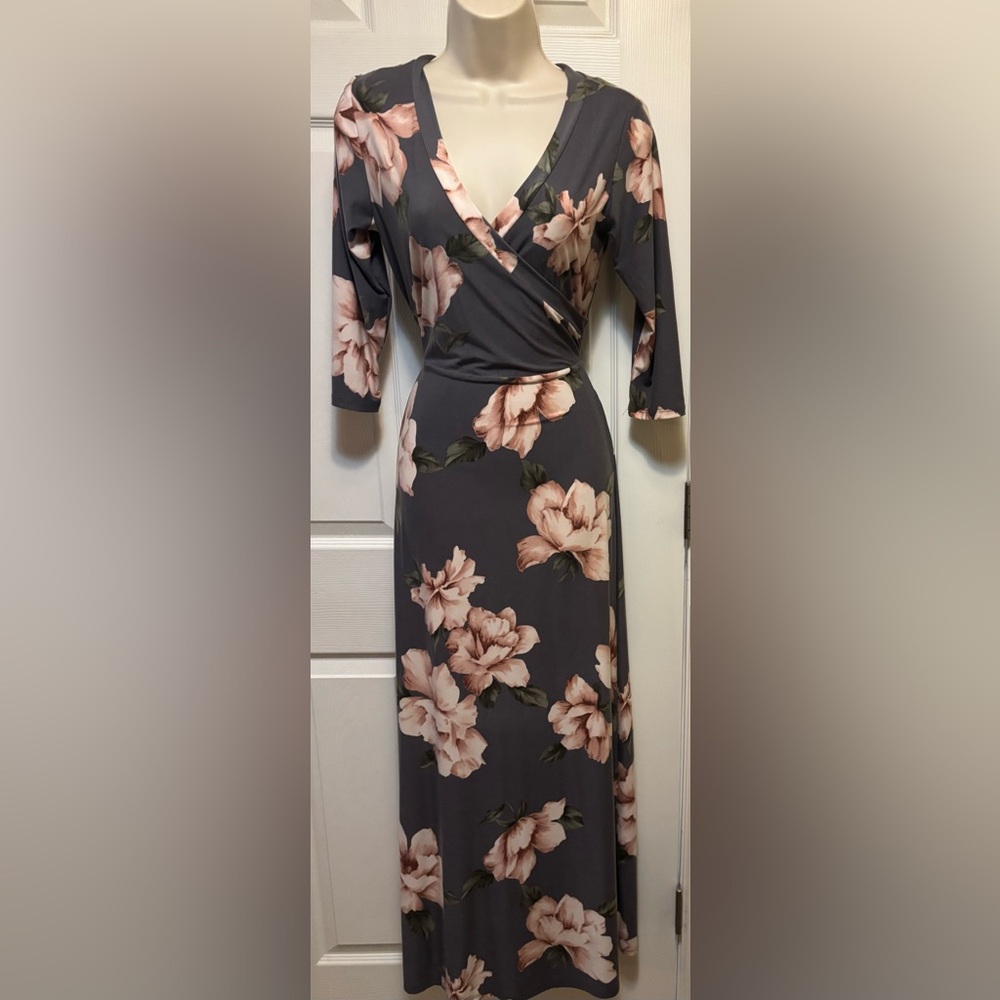 Floral Long Sleeve Wrap Maxi Dress - Gray and Pink